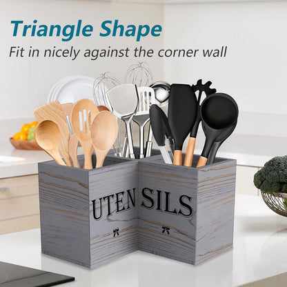 Extra Large Utensil Holder Countertop for Kitchen Counter,Wood,Black | Hold 40 Utensils,3 Removable Divider,Rutic Silverware Organizer Caddy,Spacesaving,Farmhouse Cooking Crock for Spatula,Spoon