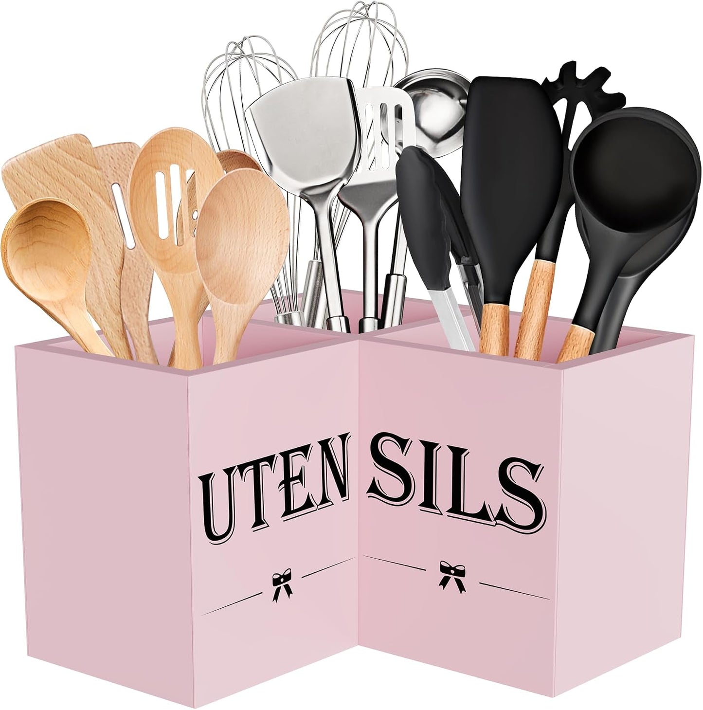 Extra Large Utensil Holder Countertop for Kitchen Counter,Wood,Black | Hold 40 Utensils,3 Removable Divider,Rutic Silverware Organizer Caddy,Spacesaving,Farmhouse Cooking Crock for Spatula,Spoon