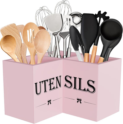 Extra Large Utensil Holder Countertop for Kitchen Counter,Wood,Black | Hold 40 Utensils,3 Removable Divider,Rutic Silverware Organizer Caddy,Spacesaving,Farmhouse Cooking Crock for Spatula,Spoon