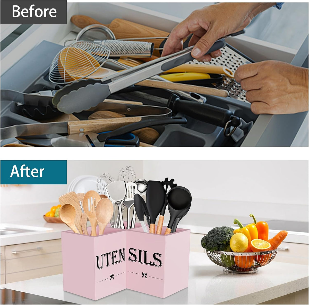 Extra Large Utensil Holder Countertop for Kitchen Counter,Wood,Black | Hold 40 Utensils,3 Removable Divider,Rutic Silverware Organizer Caddy,Spacesaving,Farmhouse Cooking Crock for Spatula,Spoon