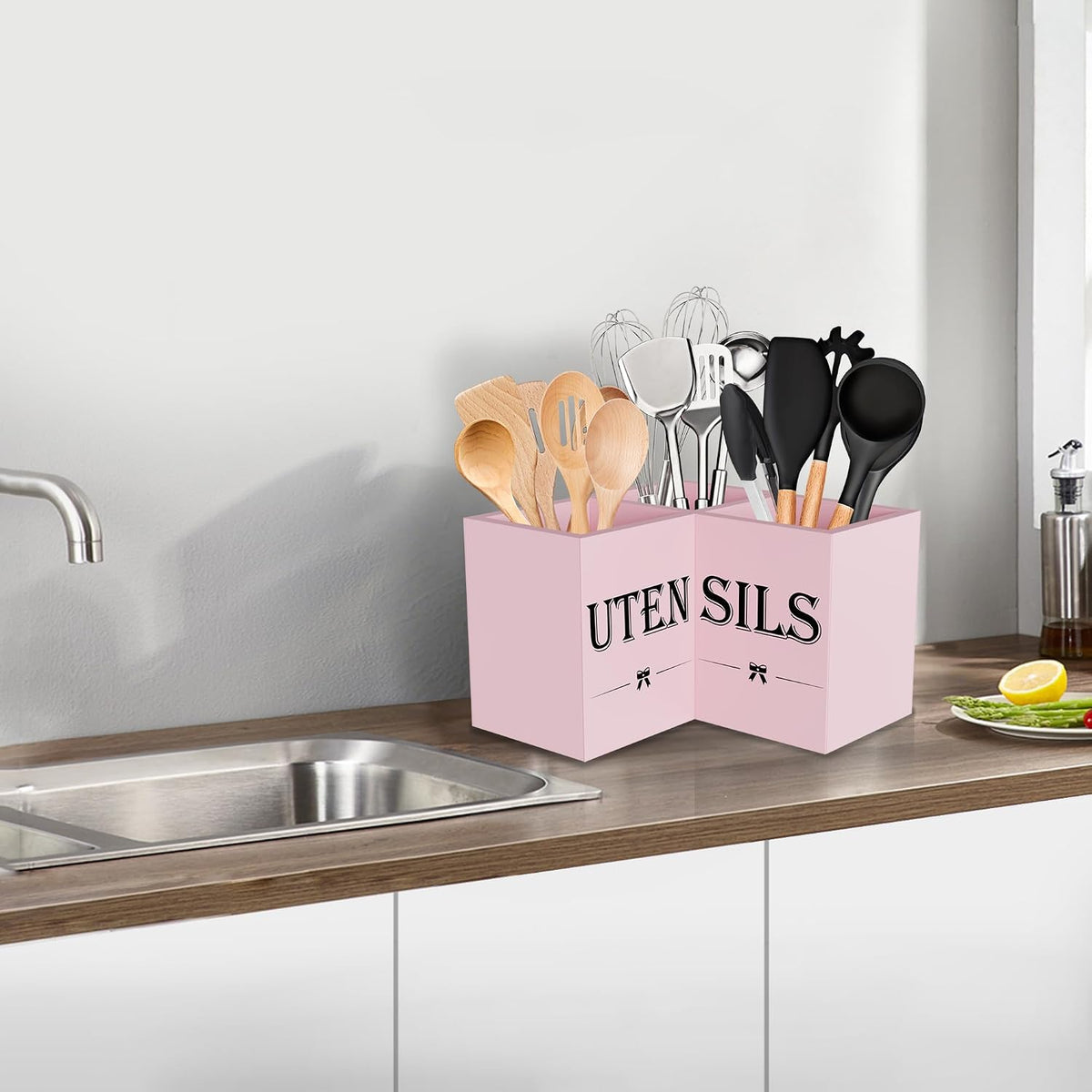 Extra Large Utensil Holder Countertop for Kitchen Counter,Wood,Black | Hold 40 Utensils,3 Removable Divider,Rutic Silverware Organizer Caddy,Spacesaving,Farmhouse Cooking Crock for Spatula,Spoon