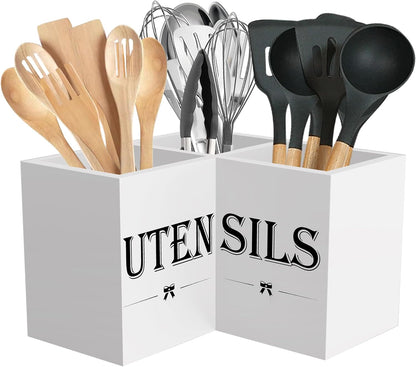 Extra Large Utensil Holder Countertop for Kitchen Counter,Wood,Black | Hold 40 Utensils,3 Removable Divider,Rutic Silverware Organizer Caddy,Spacesaving,Farmhouse Cooking Crock for Spatula,Spoon
