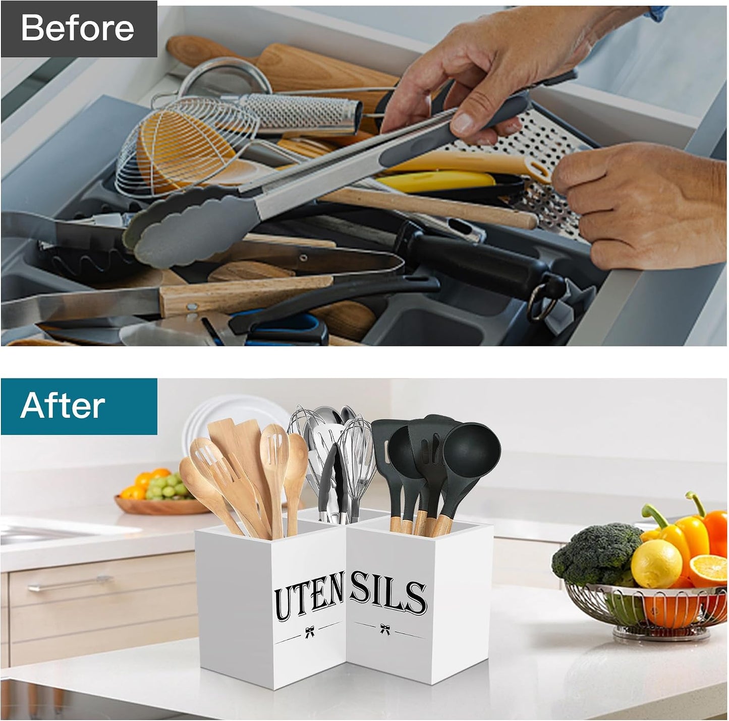 Extra Large Utensil Holder Countertop for Kitchen Counter,Wood,Black | Hold 40 Utensils,3 Removable Divider,Rutic Silverware Organizer Caddy,Spacesaving,Farmhouse Cooking Crock for Spatula,Spoon
