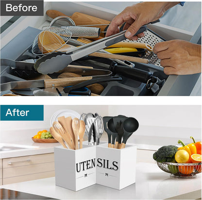 Extra Large Utensil Holder Countertop for Kitchen Counter,Wood,Black | Hold 40 Utensils,3 Removable Divider,Rutic Silverware Organizer Caddy,Spacesaving,Farmhouse Cooking Crock for Spatula,Spoon