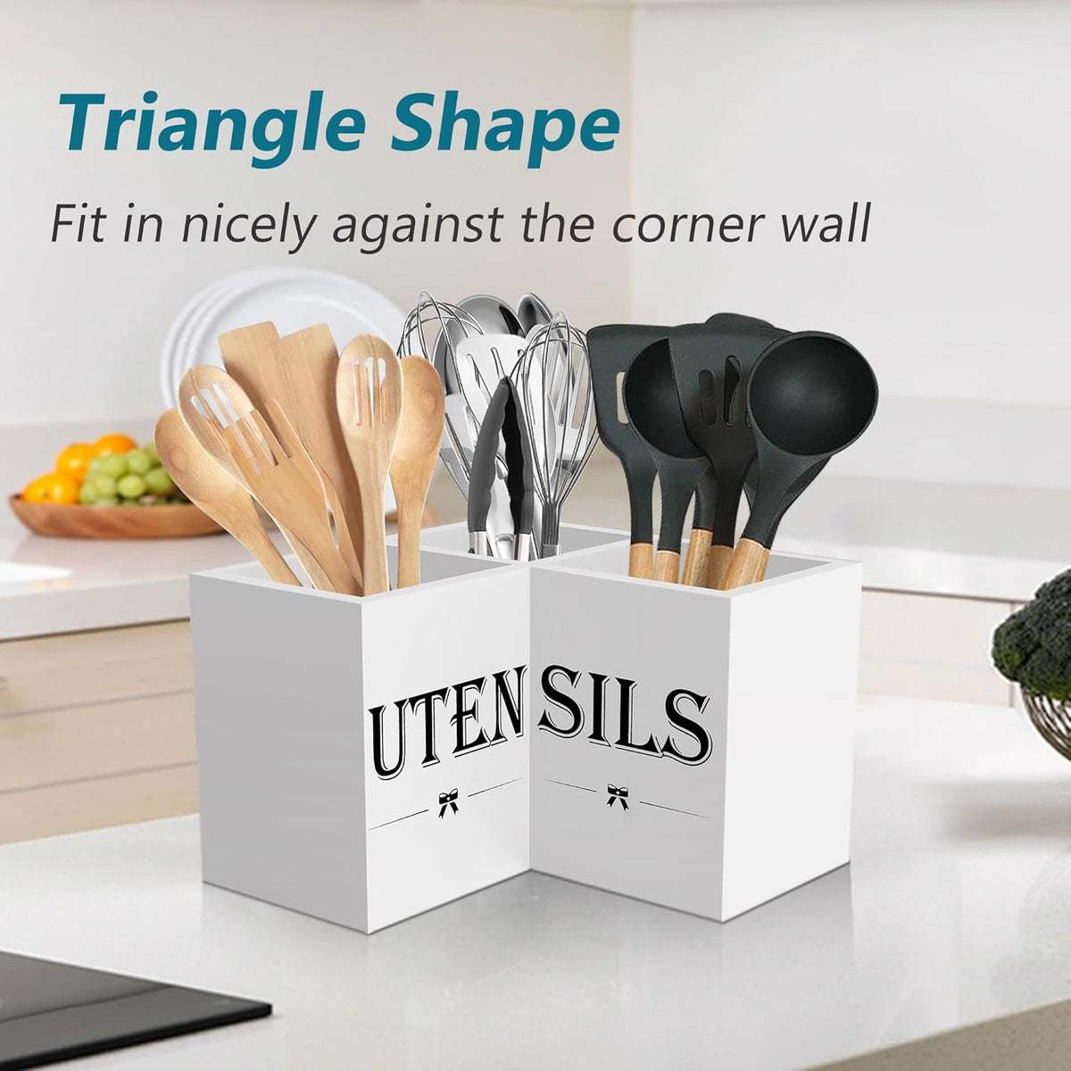 Extra Large Utensil Holder Countertop for Kitchen Counter,Wood,Black | Hold 40 Utensils,3 Removable Divider,Rutic Silverware Organizer Caddy,Spacesaving,Farmhouse Cooking Crock for Spatula,Spoon