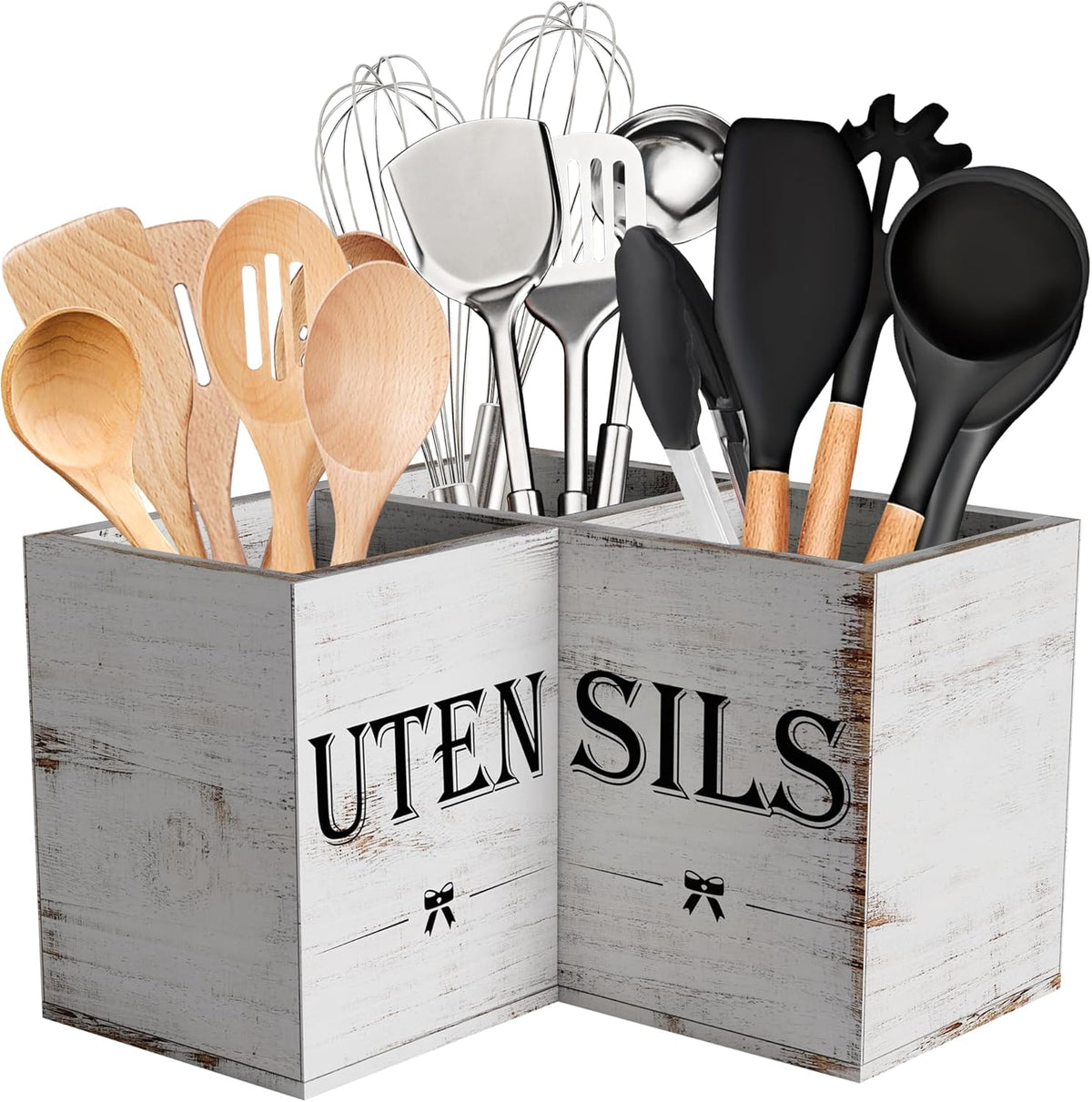 Extra Large Utensil Holder Countertop for Kitchen Counter,Wood,Black | Hold 40 Utensils,3 Removable Divider,Rutic Silverware Organizer Caddy,Spacesaving,Farmhouse Cooking Crock for Spatula,Spoon
