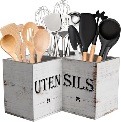 Extra Large Utensil Holder Countertop for Kitchen Counter,Wood,Black | Hold 40 Utensils,3 Removable Divider,Rutic Silverware Organizer Caddy,Spacesaving,Farmhouse Cooking Crock for Spatula,Spoon