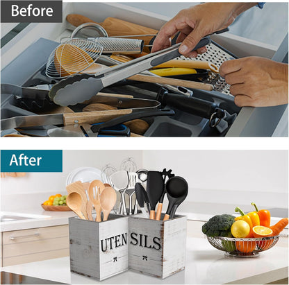 Extra Large Utensil Holder Countertop for Kitchen Counter,Wood,Black | Hold 40 Utensils,3 Removable Divider,Rutic Silverware Organizer Caddy,Spacesaving,Farmhouse Cooking Crock for Spatula,Spoon