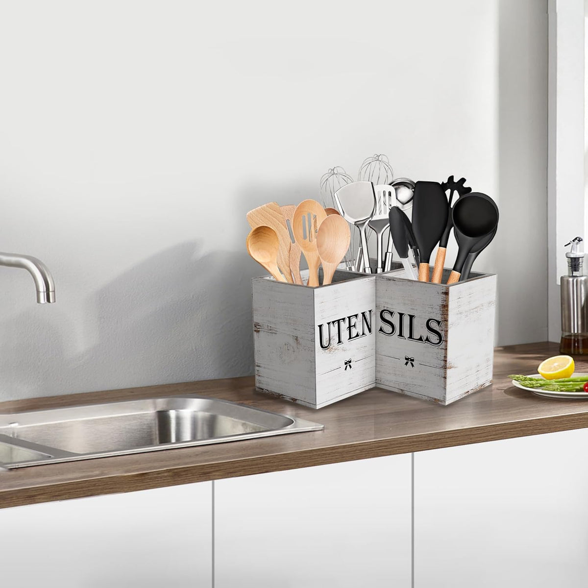 Extra Large Utensil Holder Countertop for Kitchen Counter,Wood,Black | Hold 40 Utensils,3 Removable Divider,Rutic Silverware Organizer Caddy,Spacesaving,Farmhouse Cooking Crock for Spatula,Spoon