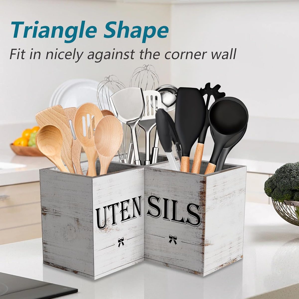 Extra Large Utensil Holder Countertop for Kitchen Counter,Wood,Black | Hold 40 Utensils,3 Removable Divider,Rutic Silverware Organizer Caddy,Spacesaving,Farmhouse Cooking Crock for Spatula,Spoon