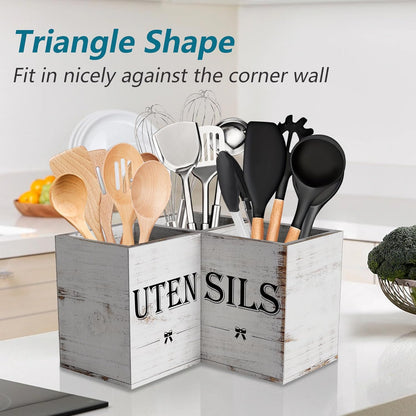 Extra Large Utensil Holder Countertop for Kitchen Counter,Wood,Black | Hold 40 Utensils,3 Removable Divider,Rutic Silverware Organizer Caddy,Spacesaving,Farmhouse Cooking Crock for Spatula,Spoon
