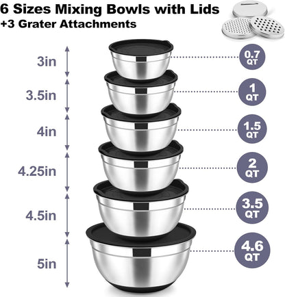 Mixing Bowls, Stainless Steel Salad Bowl with Lid & Graters -Black