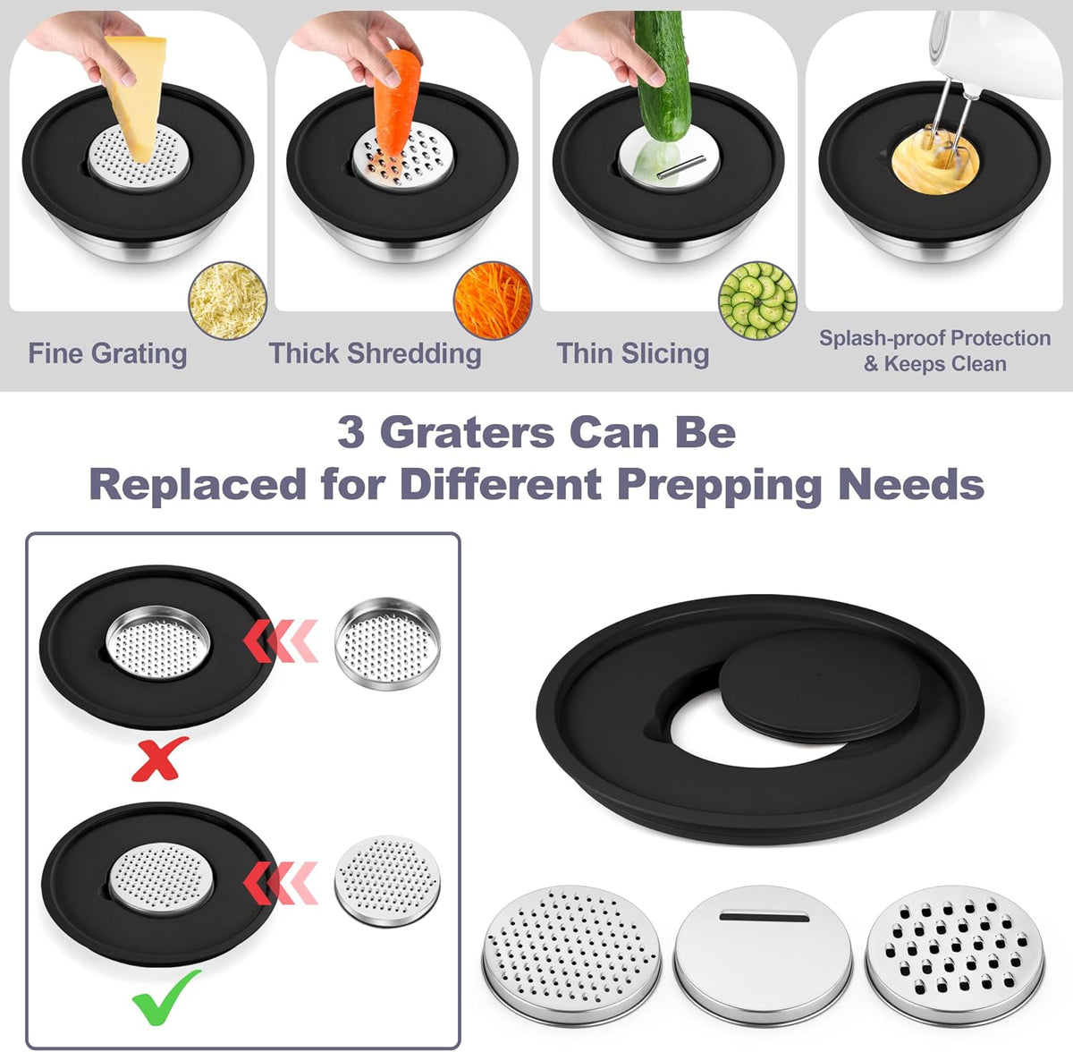 Mixing Bowls, Stainless Steel Salad Bowl with Lid & Graters -Black