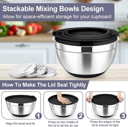Mixing Bowls, Stainless Steel Salad Bowl with Lid & Graters -Black