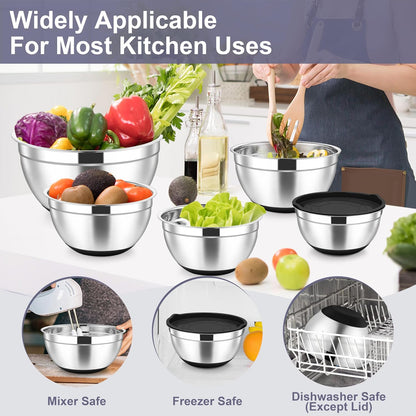 Mixing Bowls, Stainless Steel Salad Bowl with Lid & Graters -Black