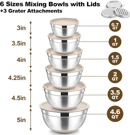 Mixing Bowls, Stainless Steel Salad Bowl with Lid & Graters -Black