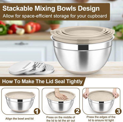 Mixing Bowls, Stainless Steel Salad Bowl with Lid & Graters -Black
