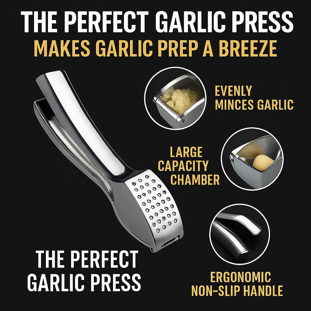 Premium Garlic Press - Easy to Clean Heavy Duty Garlic Presser & Mincer - Durable Garlic Crusher - No Peel Needed - Crush Garlic Effortlessly - Dishwasher Safe