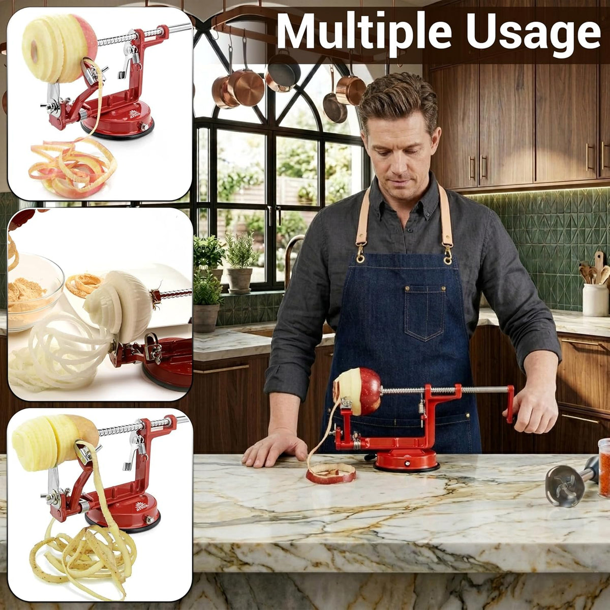 Apple Peeler Corer Slicer All In One - 3 In 1 (Peeler, Corer, Slicer) Long lasting Cast Magnesium Alloy Apple Peeler Machine with Stainless Steel Blades and Powerful Suction Base For Apples and Potato