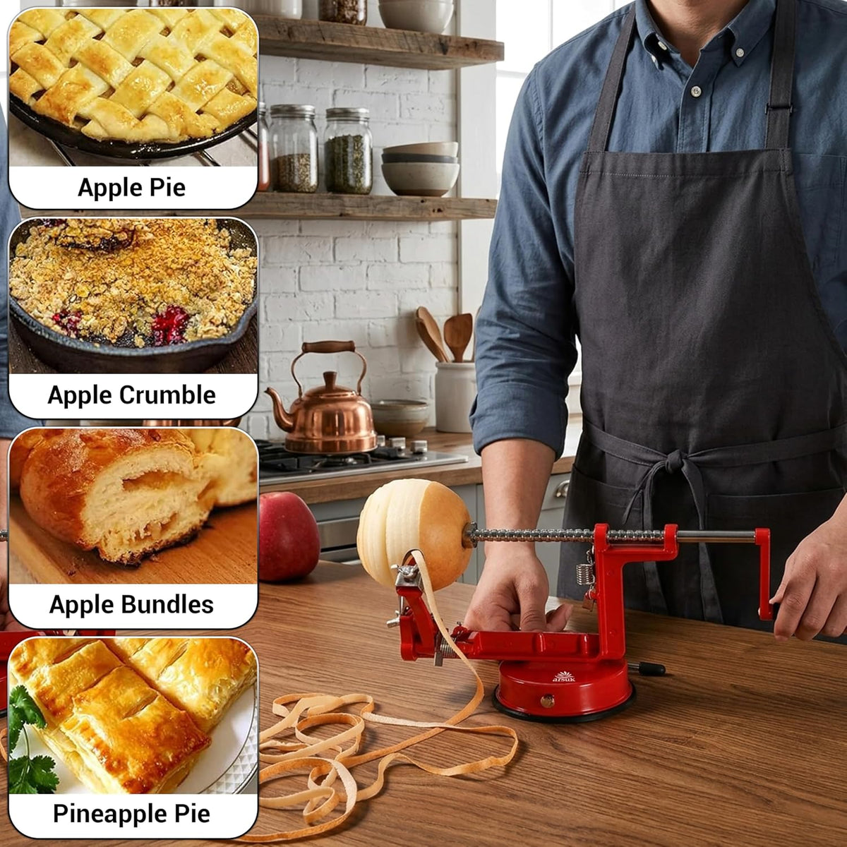 Apple Peeler Corer Slicer All In One - 3 In 1 (Peeler, Corer, Slicer) Long lasting Cast Magnesium Alloy Apple Peeler Machine with Stainless Steel Blades and Powerful Suction Base For Apples and Potato