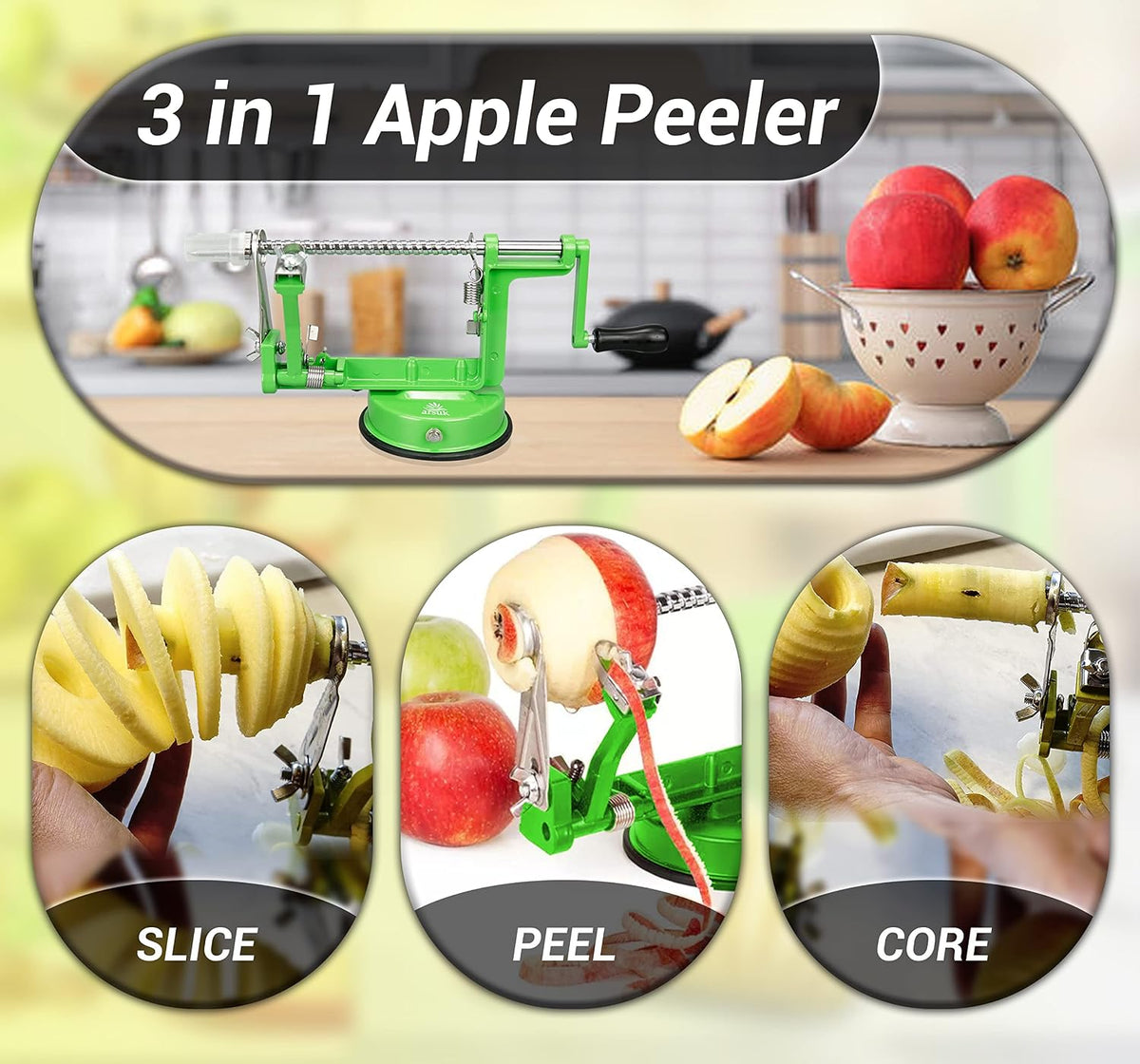 Apple Peeler Corer Slicer All In One - 3 In 1 (Peeler, Corer, Slicer) Long lasting Cast Magnesium Alloy Apple Peeler Machine with Stainless Steel Blades and Powerful Suction Base For Apples and Potato