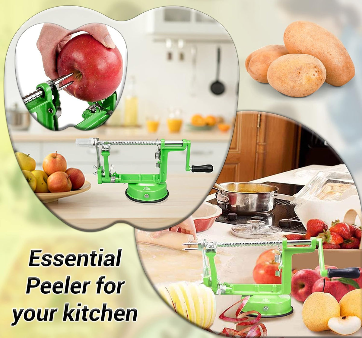 Apple Peeler Corer Slicer All In One - 3 In 1 (Peeler, Corer, Slicer) Long lasting Cast Magnesium Alloy Apple Peeler Machine with Stainless Steel Blades and Powerful Suction Base For Apples and Potato