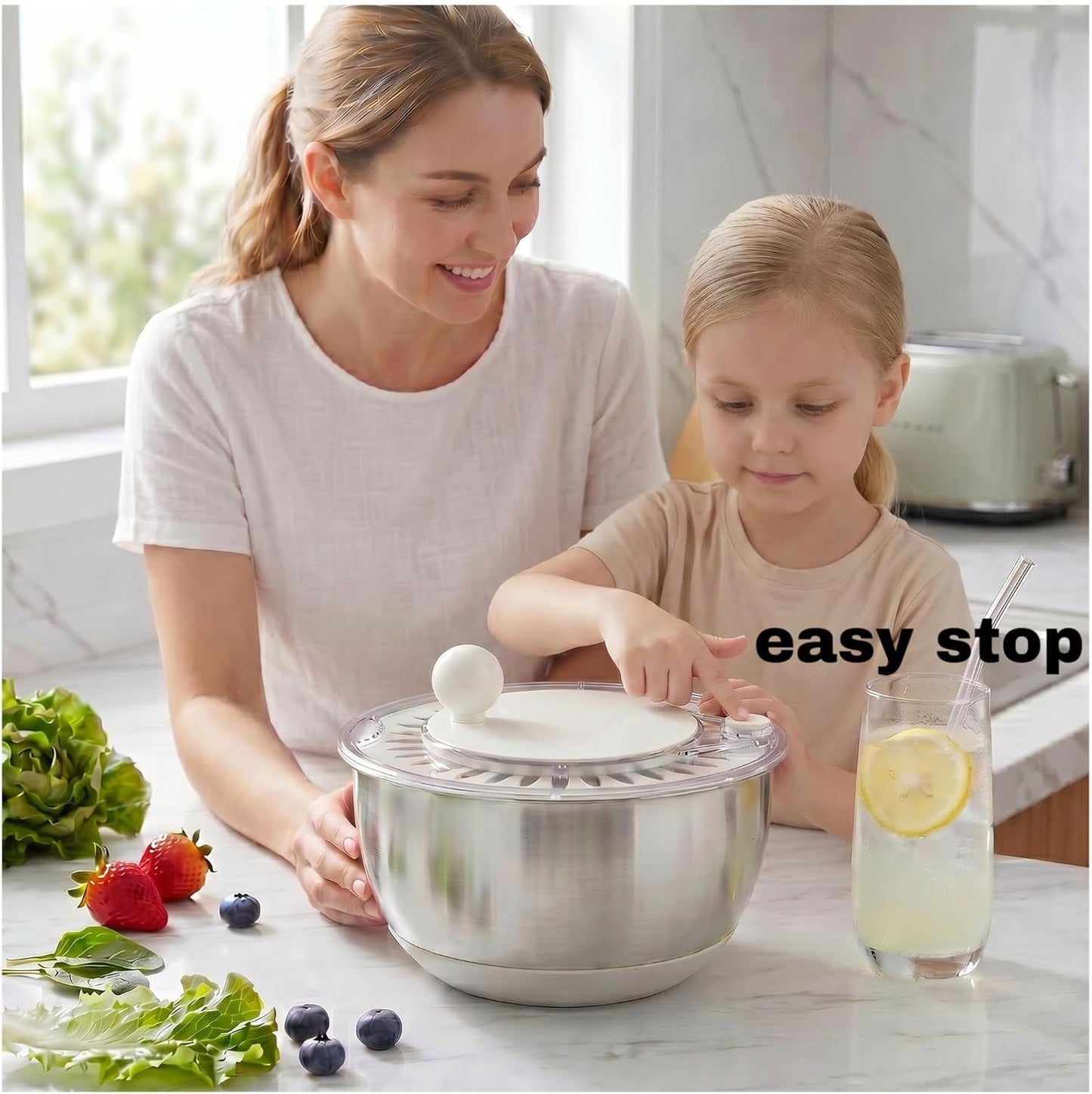 Salad Spinner Dishwasher Safe Stainless Steel Salad Spinner, 5.3 Qt Vegetable Washer, Lettuce Spinner with Non-Slip Base and Stop Button, Transparent Lid & Drainage Hole