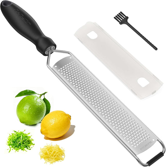 Zester Grater, Lemon Zester Grater with Handle, Premium Stainless Steel Citrus Zester for Parmesan, Garlic, Chocolate, Ginger, Non-Slip Grip, Safety Cover & Cleaning Brush, Black