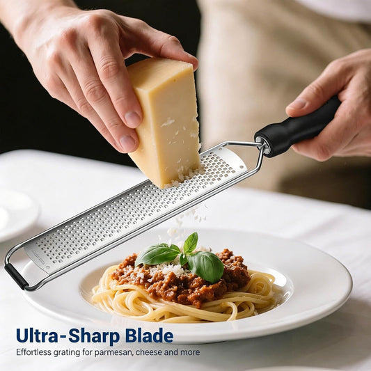 Zester Grater, Lemon Zester Grater with Handle, Premium Stainless Steel Citrus Zester for Parmesan, Garlic, Chocolate, Ginger, Non-Slip Grip, Safety Cover & Cleaning Brush, Black