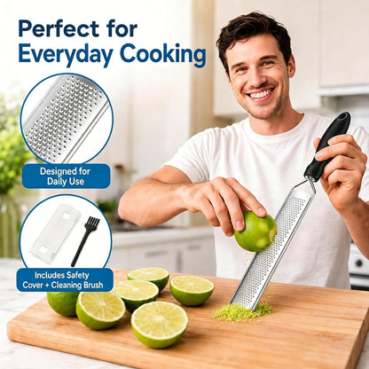 Zester Grater, Lemon Zester Grater with Handle, Premium Stainless Steel Citrus Zester for Parmesan, Garlic, Chocolate, Ginger, Non-Slip Grip, Safety Cover & Cleaning Brush, Black