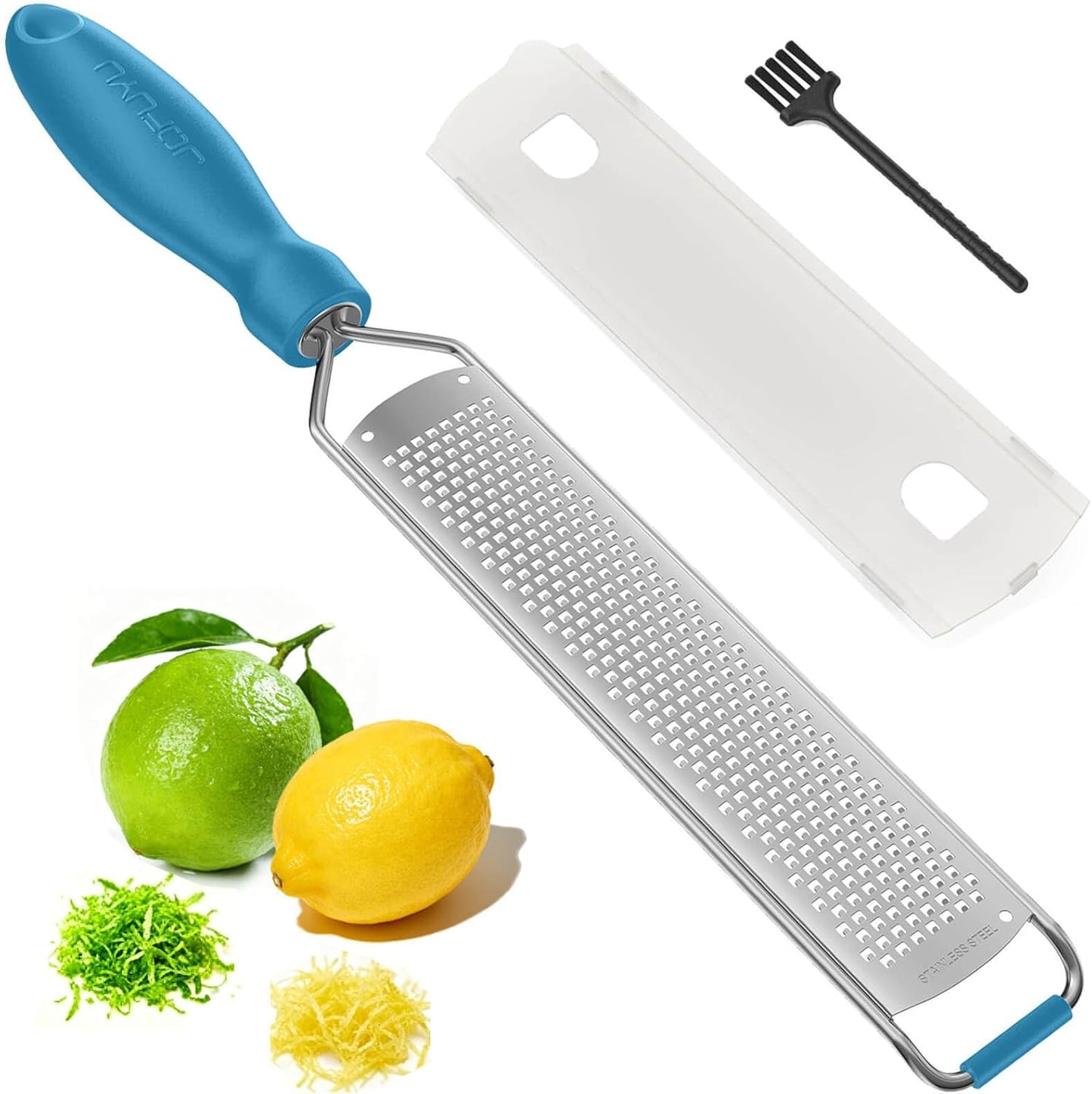 Zester Grater, Lemon Zester Grater with Handle, Premium Stainless Steel Citrus Zester for Parmesan, Garlic, Chocolate, Ginger, Non-Slip Grip, Safety Cover & Cleaning Brush, Black