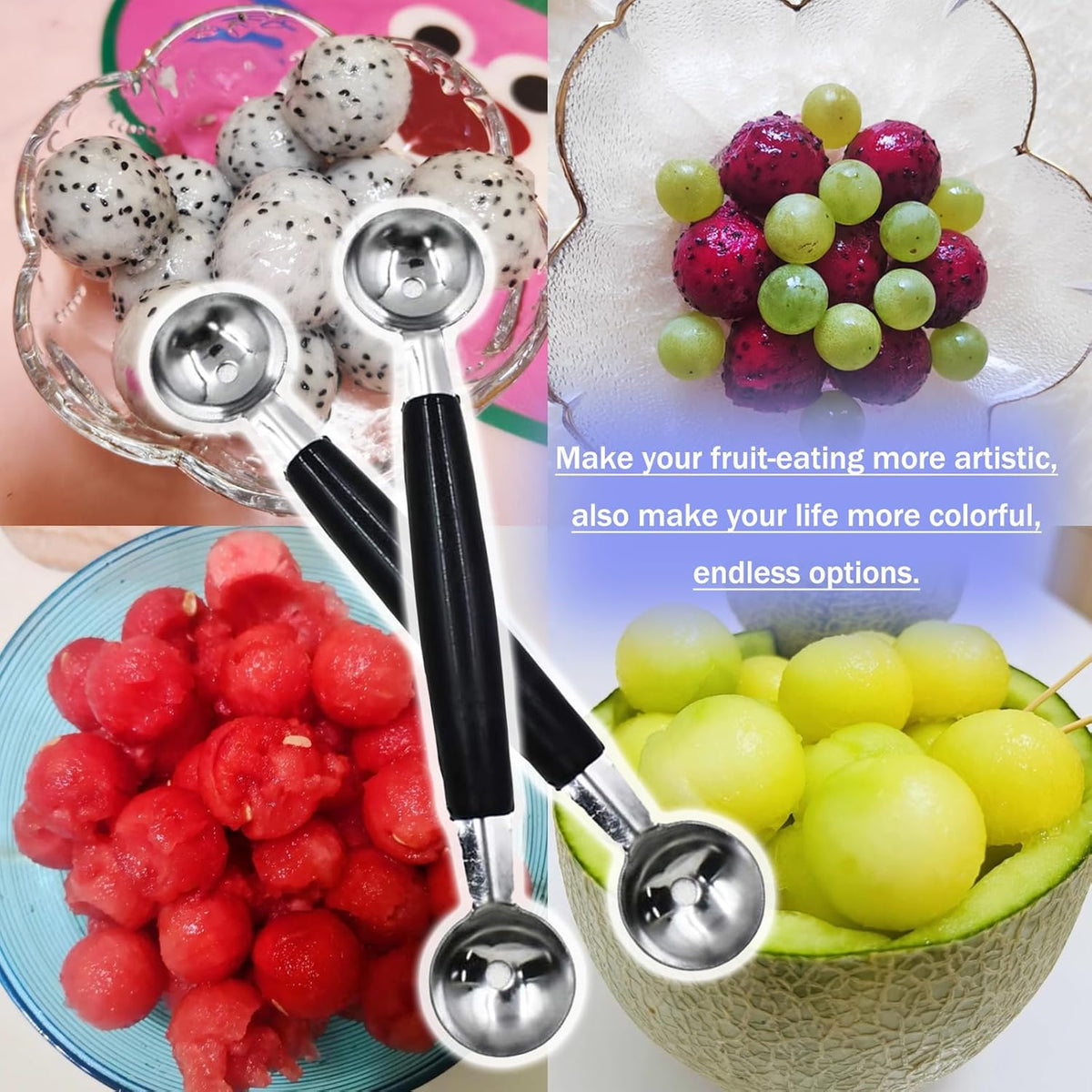 2 Pcs Double-Ended Headed Melon Baller Scoop,Stainless Steel Fruit Ice Cream Baller,Round Melon Balls Scooper for Watermelon/Ice Cream/Fruits/Sorbet/Meatballs
