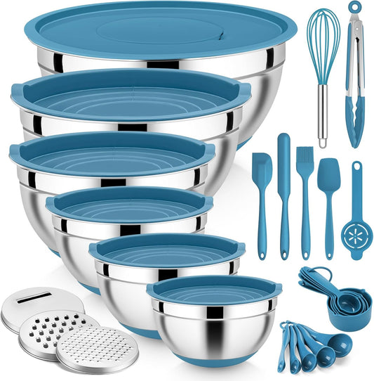 25PCS Mixing Bowls with Lid Set, Stainless Steel Nesting Prep Bowls with Grater Attachments Non-Slip Bottoms for Cooking, Baking, Serving, Food Storage, 4.6/2.6/2/1.5/1/0.7QT - Blue
