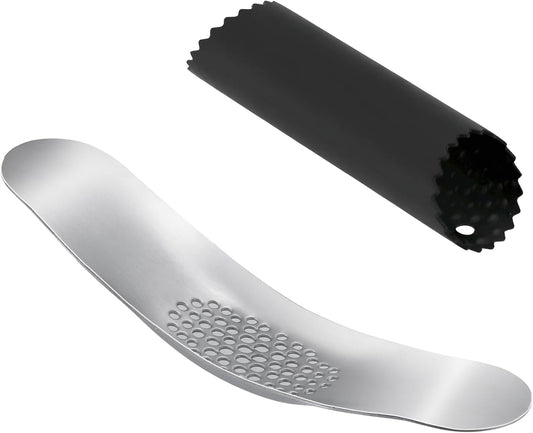 Garlic Press 430 Stainless Steel Garlic Rocker Mincer Bonus Food Grade with Silicone Peeler Garlic (Black)