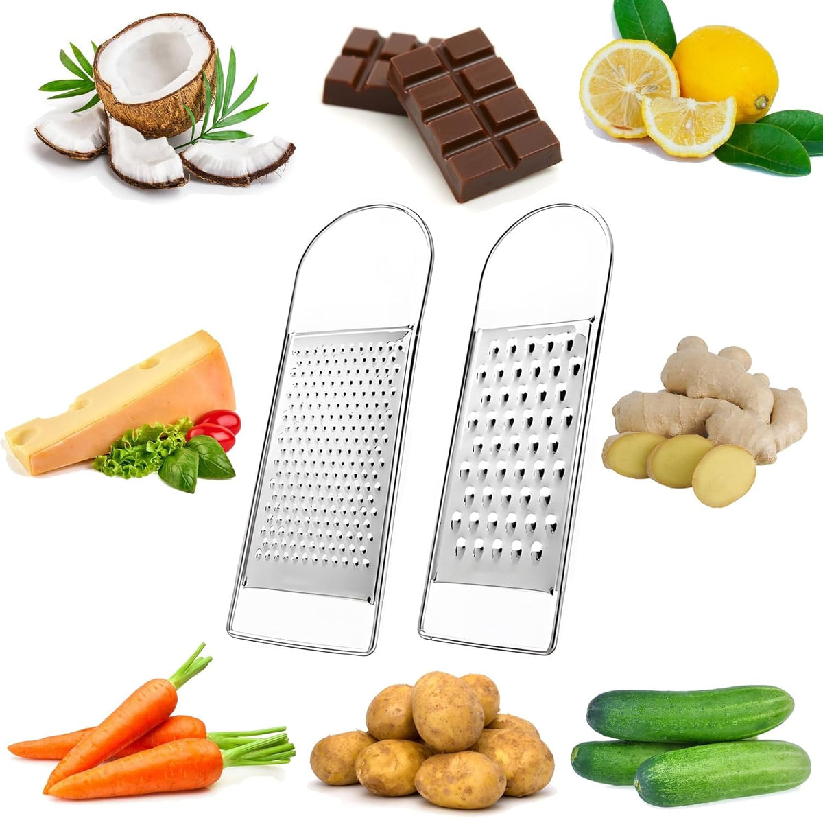 2PCS Flat Handheld Graters, Fine & Coarse, for Cheese, Potato, Vegetable