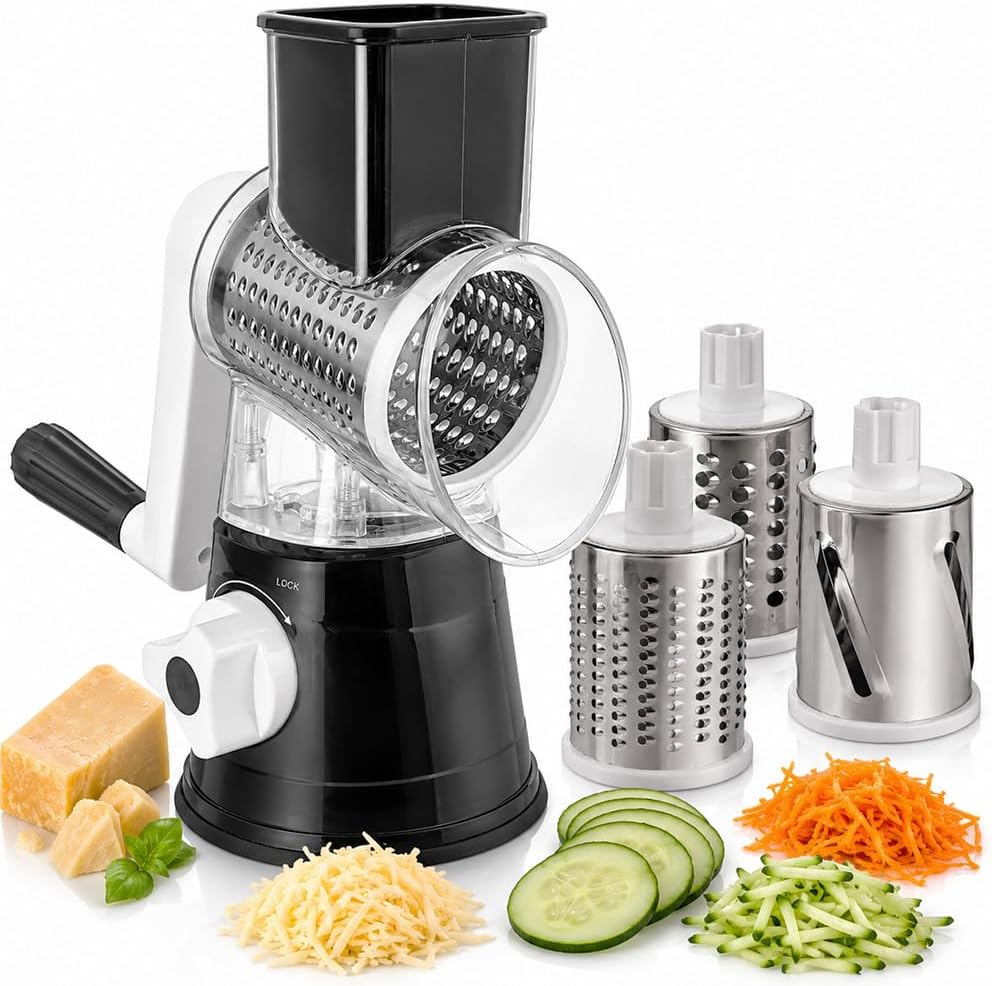 Rotary Cheese Grater with Hand Crank - Cheese Shredder with 3 Interchangeable Stainless Steel Blades, Suction Base & Ergonomic Handle | Vegetable Slicer, Food Grater for Cheese, Nuts & Chocolate