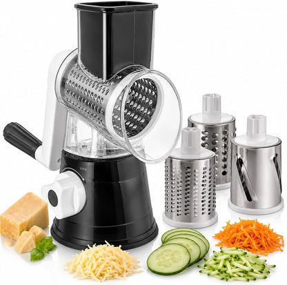 Rotary Cheese Grater with Hand Crank - Cheese Shredder with 3 Interchangeable Stainless Steel Blades, Suction Base & Ergonomic Handle | Vegetable Slicer, Food Grater for Cheese, Nuts & Chocolate