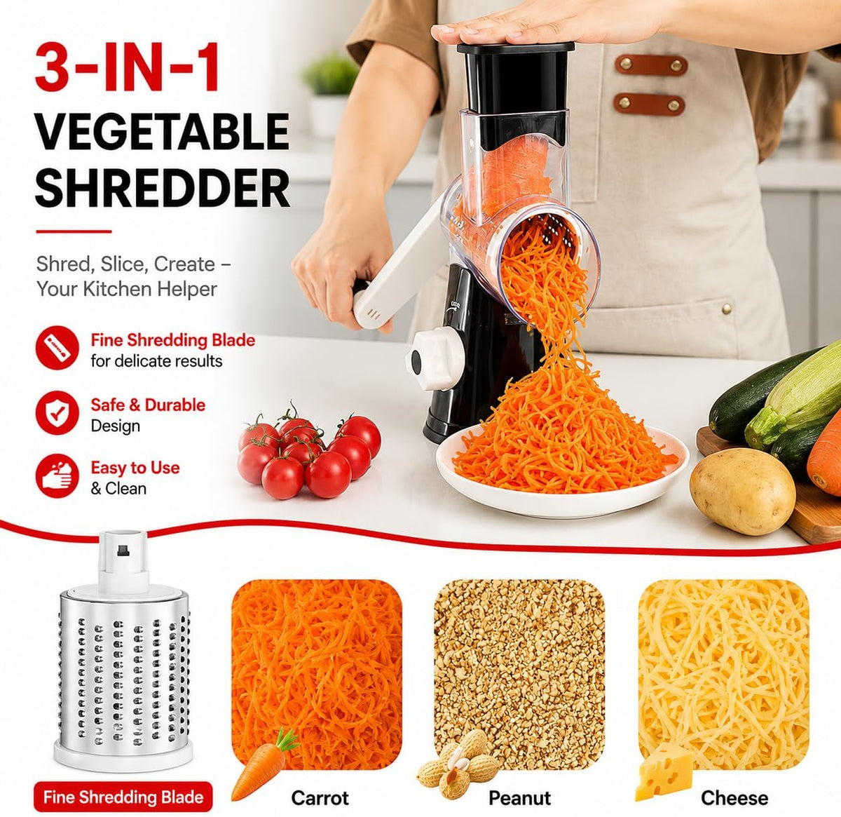 Rotary Cheese Grater with Hand Crank - Cheese Shredder with 3 Interchangeable Stainless Steel Blades, Suction Base & Ergonomic Handle | Vegetable Slicer, Food Grater for Cheese, Nuts & Chocolate