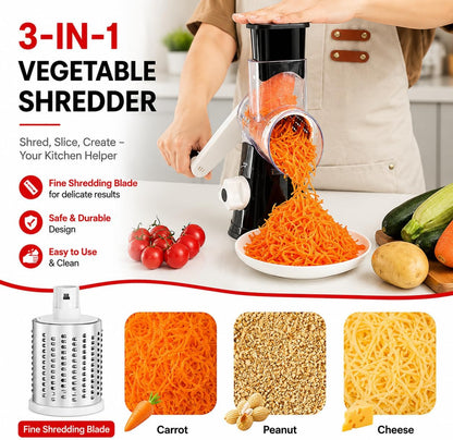 Rotary Cheese Grater with Hand Crank - Cheese Shredder with 3 Interchangeable Stainless Steel Blades, Suction Base & Ergonomic Handle | Vegetable Slicer, Food Grater for Cheese, Nuts & Chocolate