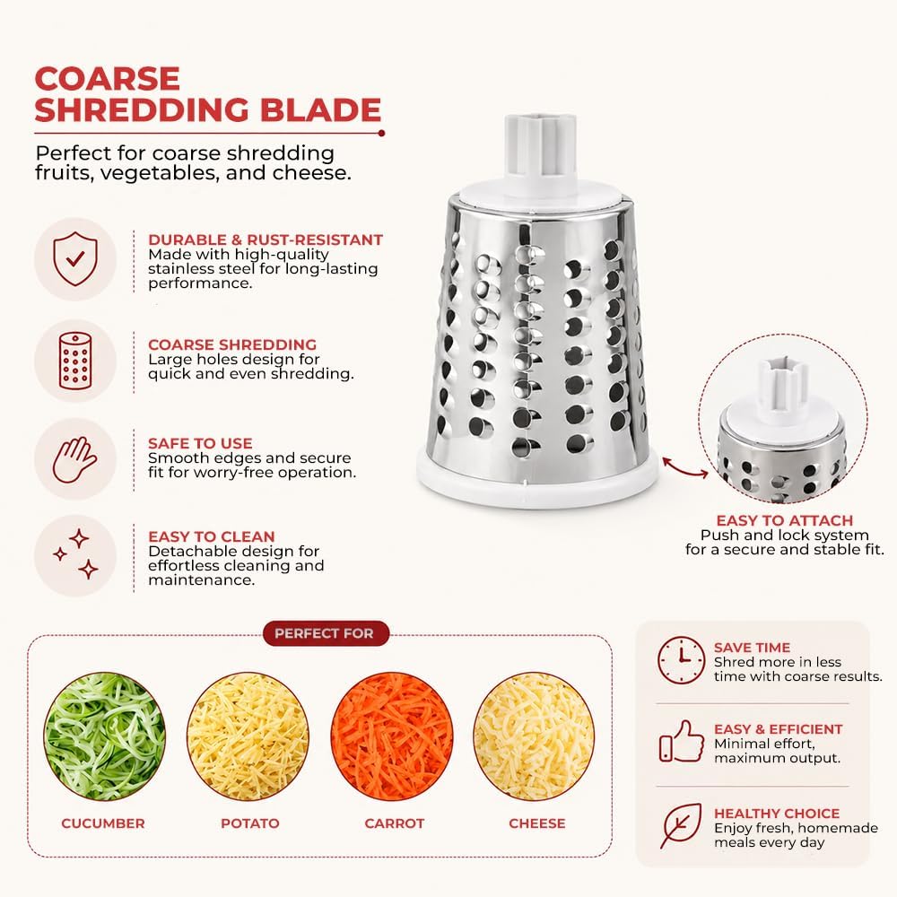 Rotary Cheese Grater with Hand Crank - Cheese Shredder with 3 Interchangeable Stainless Steel Blades, Suction Base & Ergonomic Handle | Vegetable Slicer, Food Grater for Cheese, Nuts & Chocolate