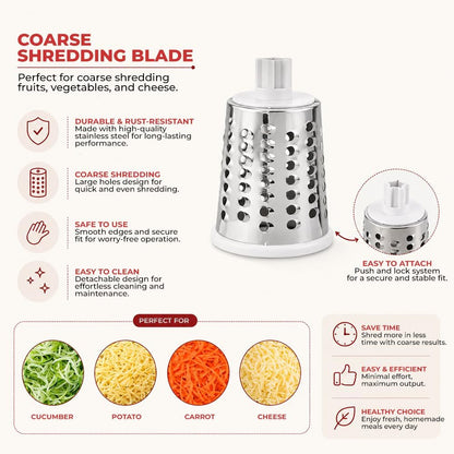 Rotary Cheese Grater with Hand Crank - Cheese Shredder with 3 Interchangeable Stainless Steel Blades, Suction Base & Ergonomic Handle | Vegetable Slicer, Food Grater for Cheese, Nuts & Chocolate