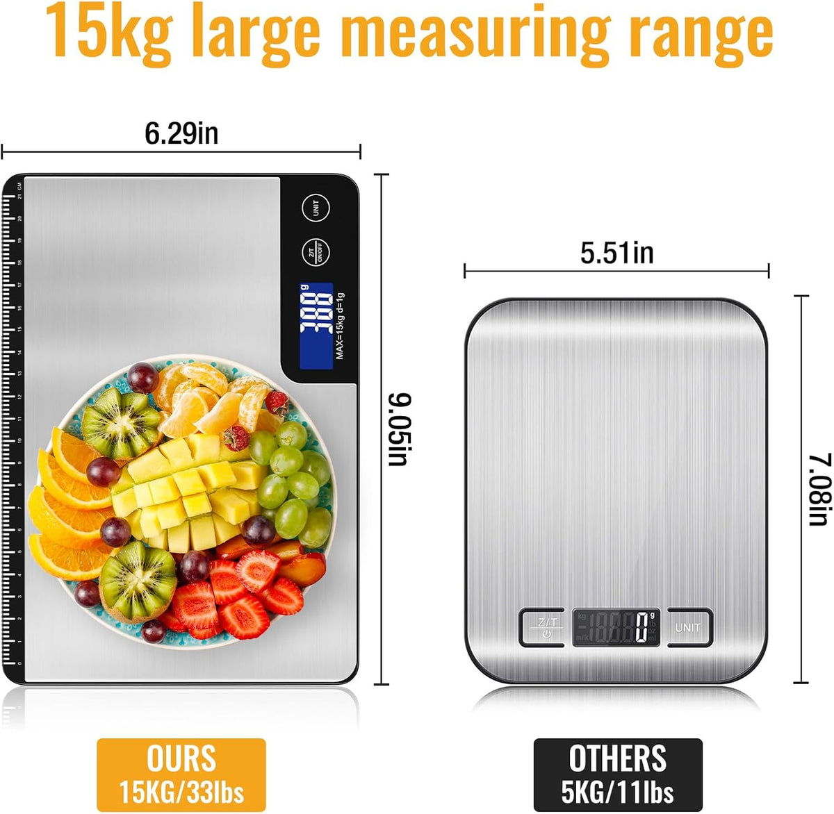 33lb Digital Kitchen Scale with Large Weighing Area (9 in)
