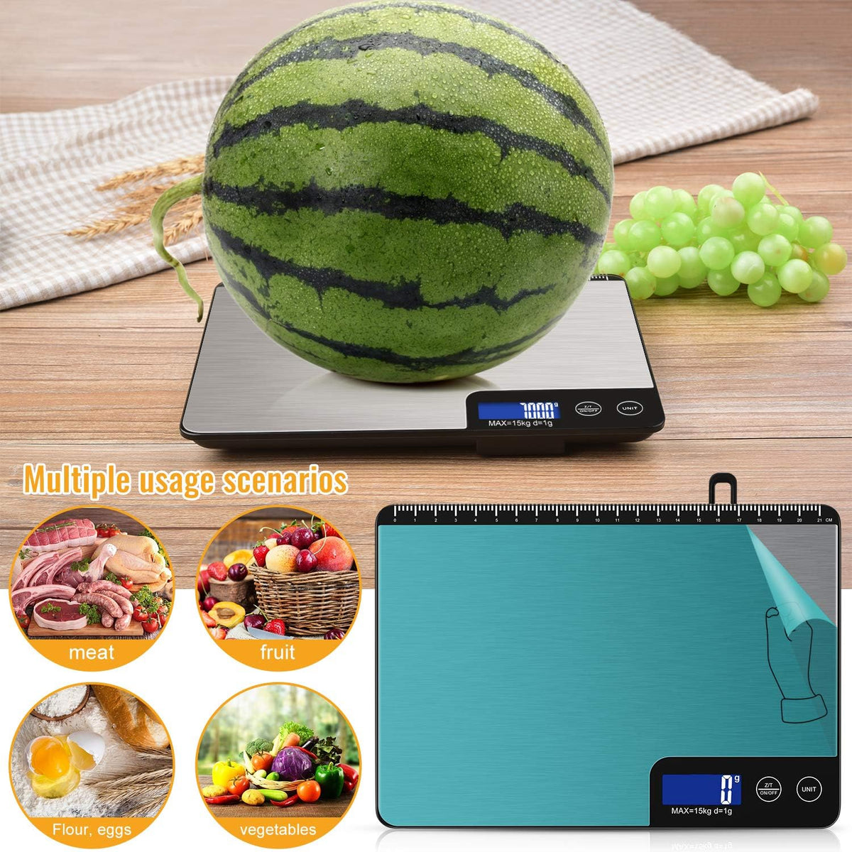 33lb Digital Kitchen Scale with Large Weighing Area (9 in)