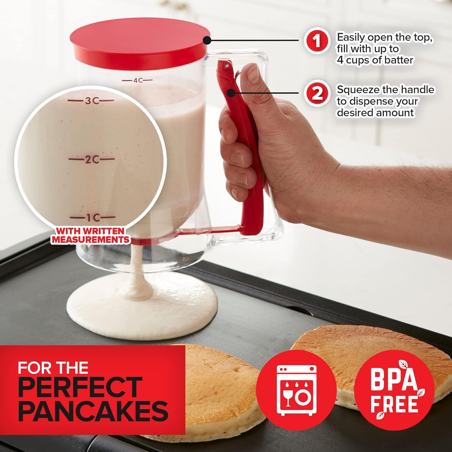 Griddle Breakfast Kit Accessories - Pancake Batter Dispenser for Griddle, Cast Iron Grill Press for Bacon, 4 Egg Rings/Pancake Molds and Spatula, Compatible With Blackstone Griddles