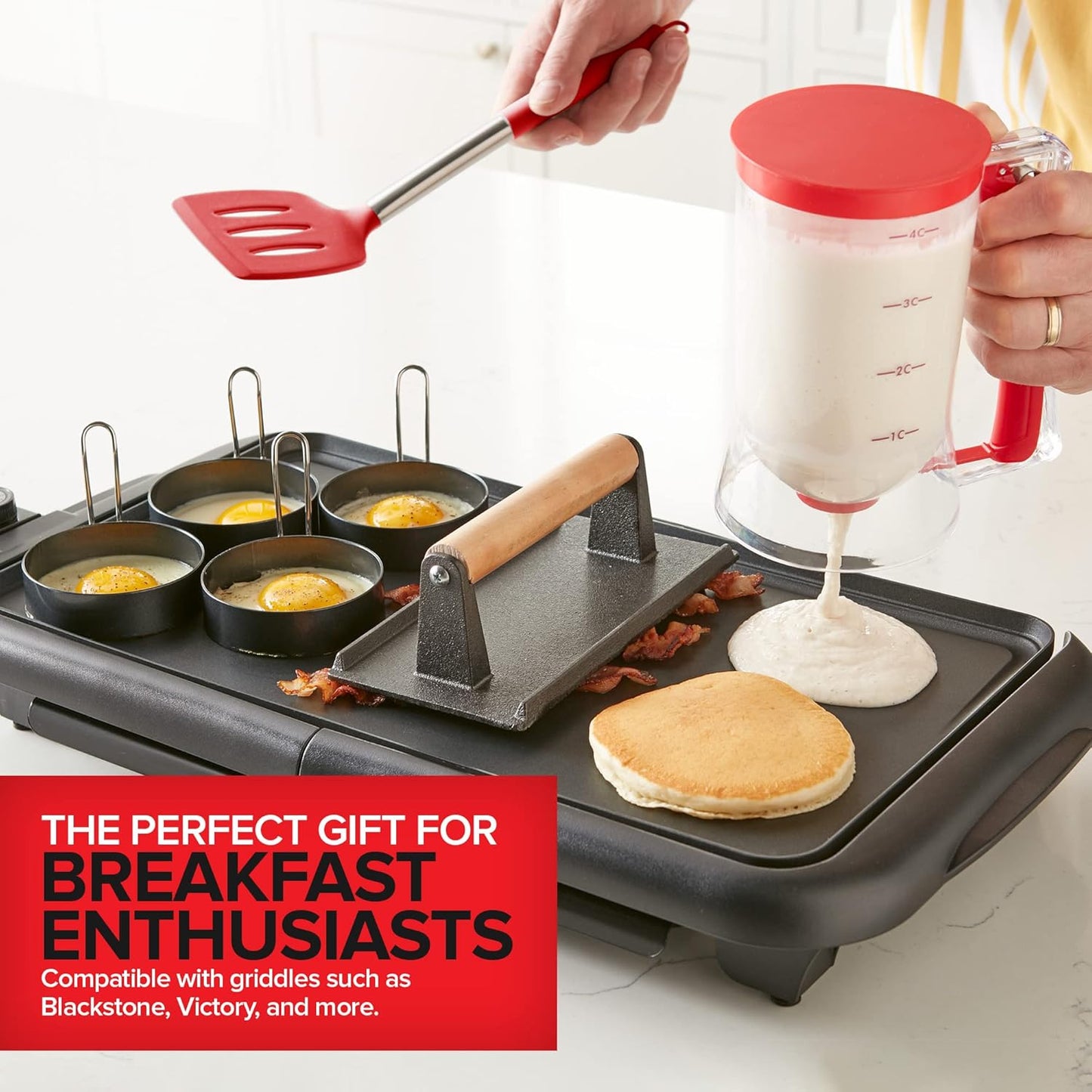 Griddle Breakfast Kit Accessories - Pancake Batter Dispenser for Griddle, Cast Iron Grill Press for Bacon, 4 Egg Rings/Pancake Molds and Spatula, Compatible With Blackstone Griddles