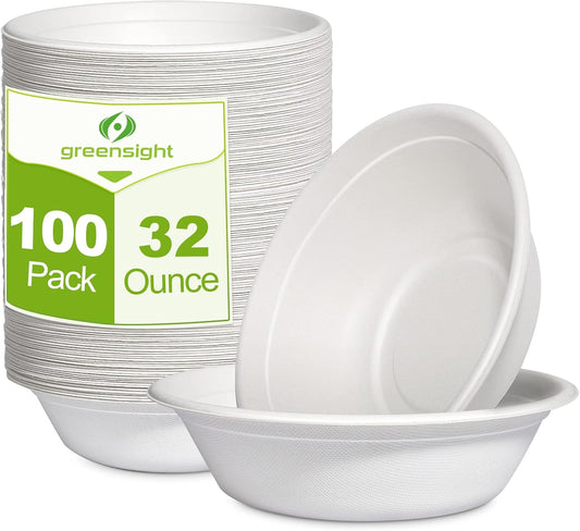 Large Compostable Bowls 32 oz, 100 Pack Disposable Heavy Duty | Eco-friendly Biodegradable, Sugarcane Fibers, Microwavable Safe For Soup, Salad, Ice Cream, Dessert, Cereal, Party Serving