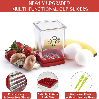 2 Pcs Cup Slicer, Stainless Steel Strawberry & Banana Slicer, Speed Fruit Cutter with Push Plate, Quickly Making Salad, Must Have Kitchen Gadget (Cyan+Red)