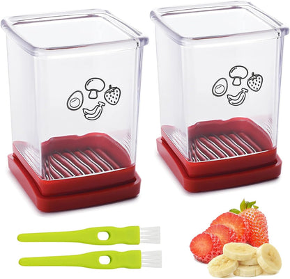 2 Pcs Cup Slicer, Stainless Steel Strawberry & Banana Slicer, Speed Fruit Cutter with Push Plate, Quickly Making Salad, Must Have Kitchen Gadget (Cyan+Red)