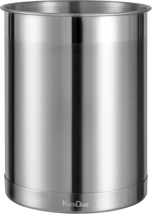 Utensil Holder Stainless Steel 6.3inch Deep, Silver | Brushed Finish, Doubled Base for Stable, Shiny Stainless Style, 5inch Wide, 6.60inch Tall