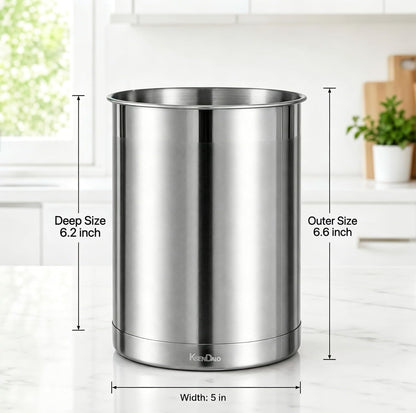 Utensil Holder Stainless Steel 6.3inch Deep, Silver | Brushed Finish, Doubled Base for Stable, Shiny Stainless Style, 5inch Wide, 6.60inch Tall